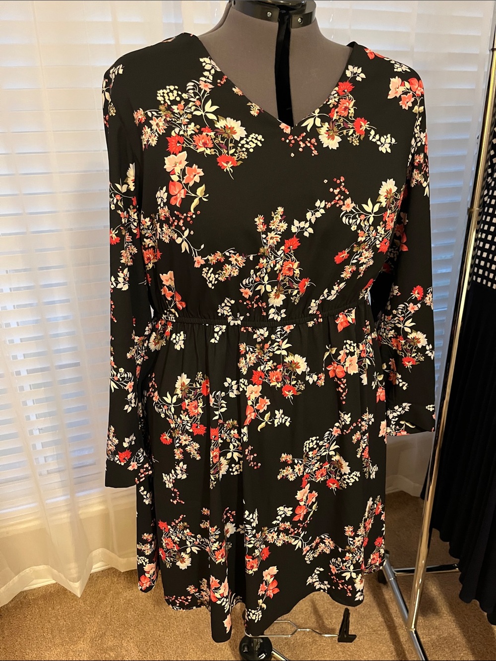 LOFT Black Floral Long-Sleeve Dress with Red, Plum, and Cream Floral 24 3x